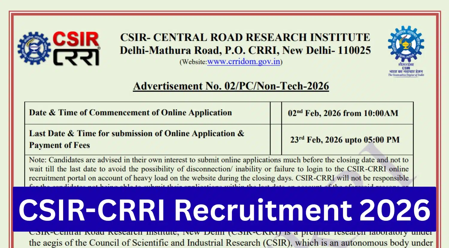 CSIR-CRRI Non Technical Recruitment 2026